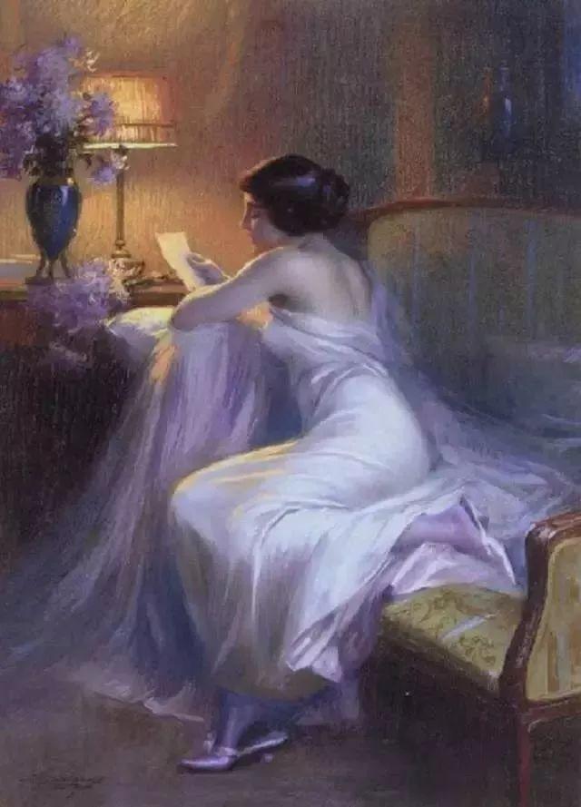 灯下优雅年轻女性 法国画家delphin enjolras