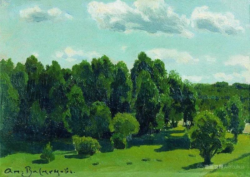 郁郁葱葱的风景画，俄罗斯画家阿波利纳里作品
