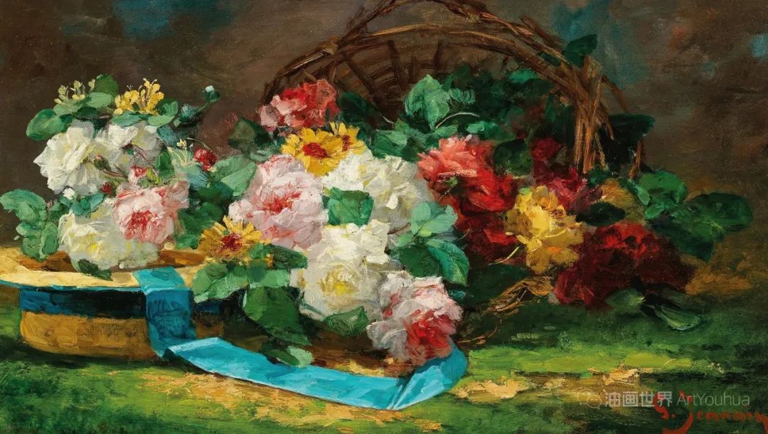大笔触的花卉静物画，法国画家乔治·简宁作品