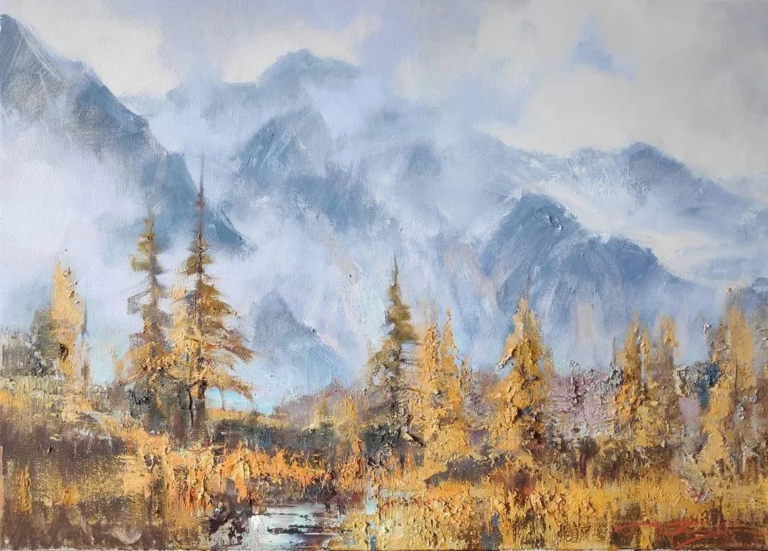 他的风景油画很有意境，雾气缭绕！