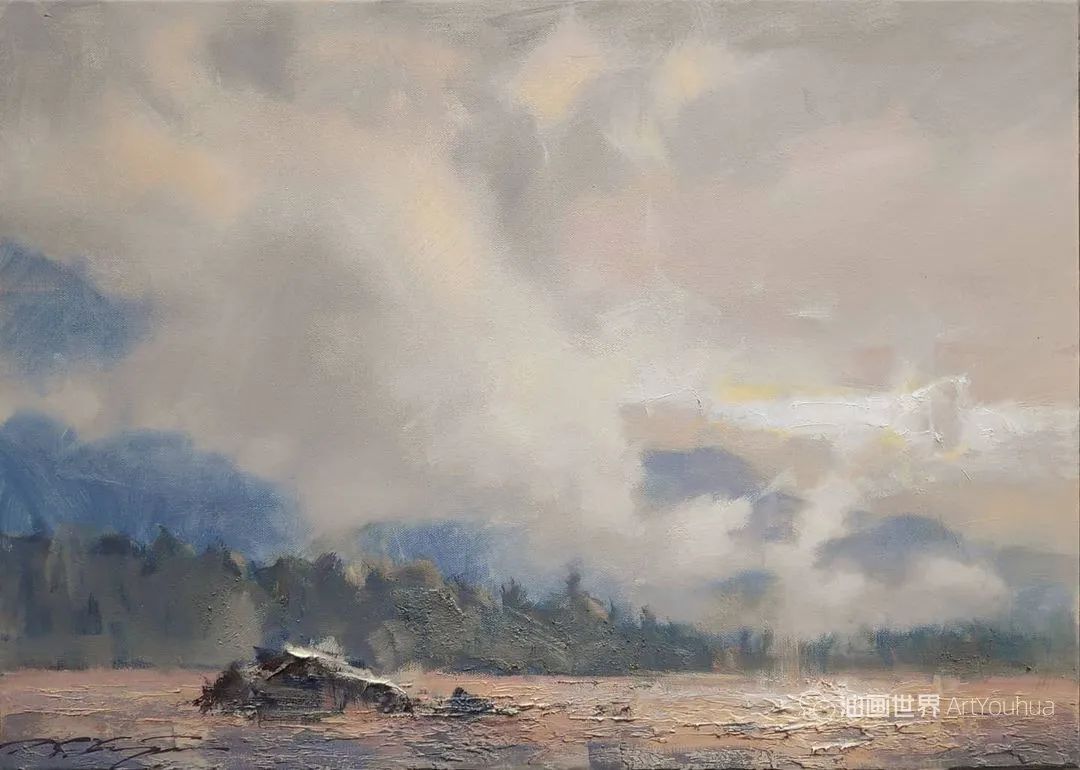 他的风景油画很有意境，雾气缭绕！